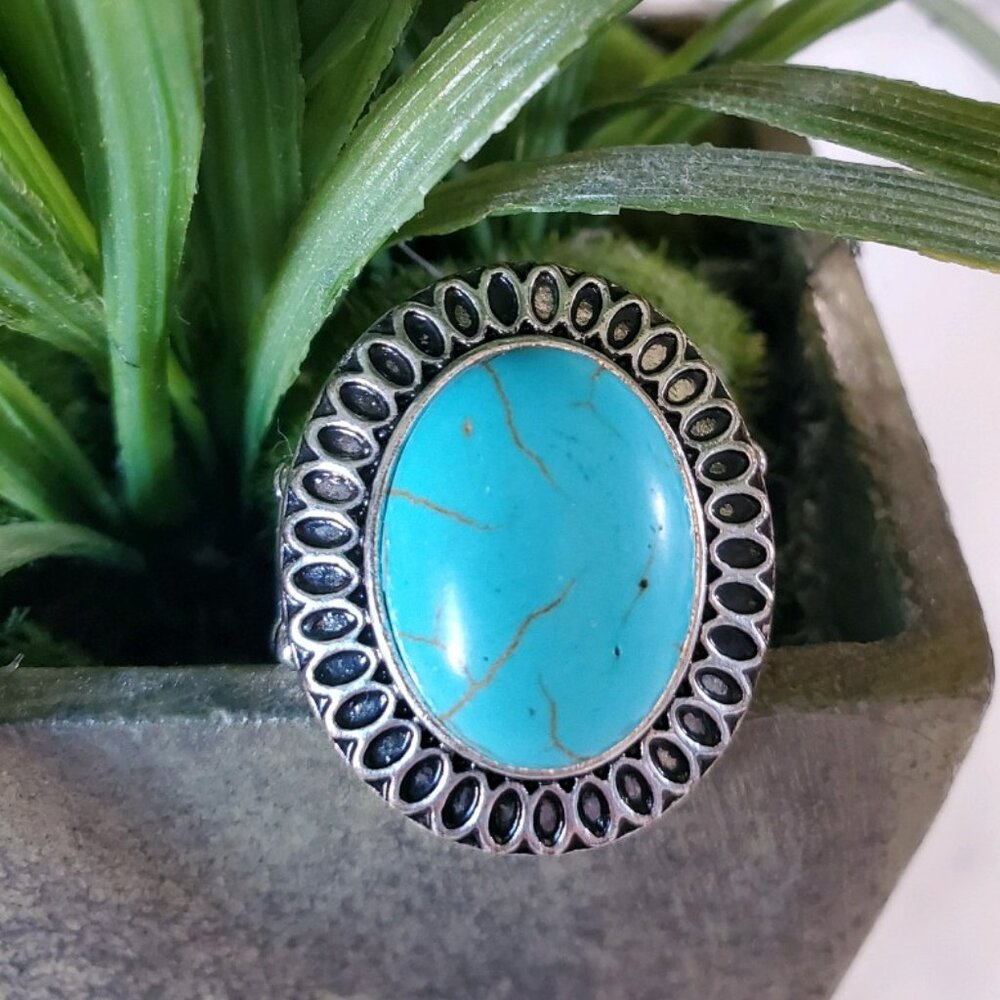 Silver Tone & Turquoise Stretch Band Ring 💥3 for $24💥